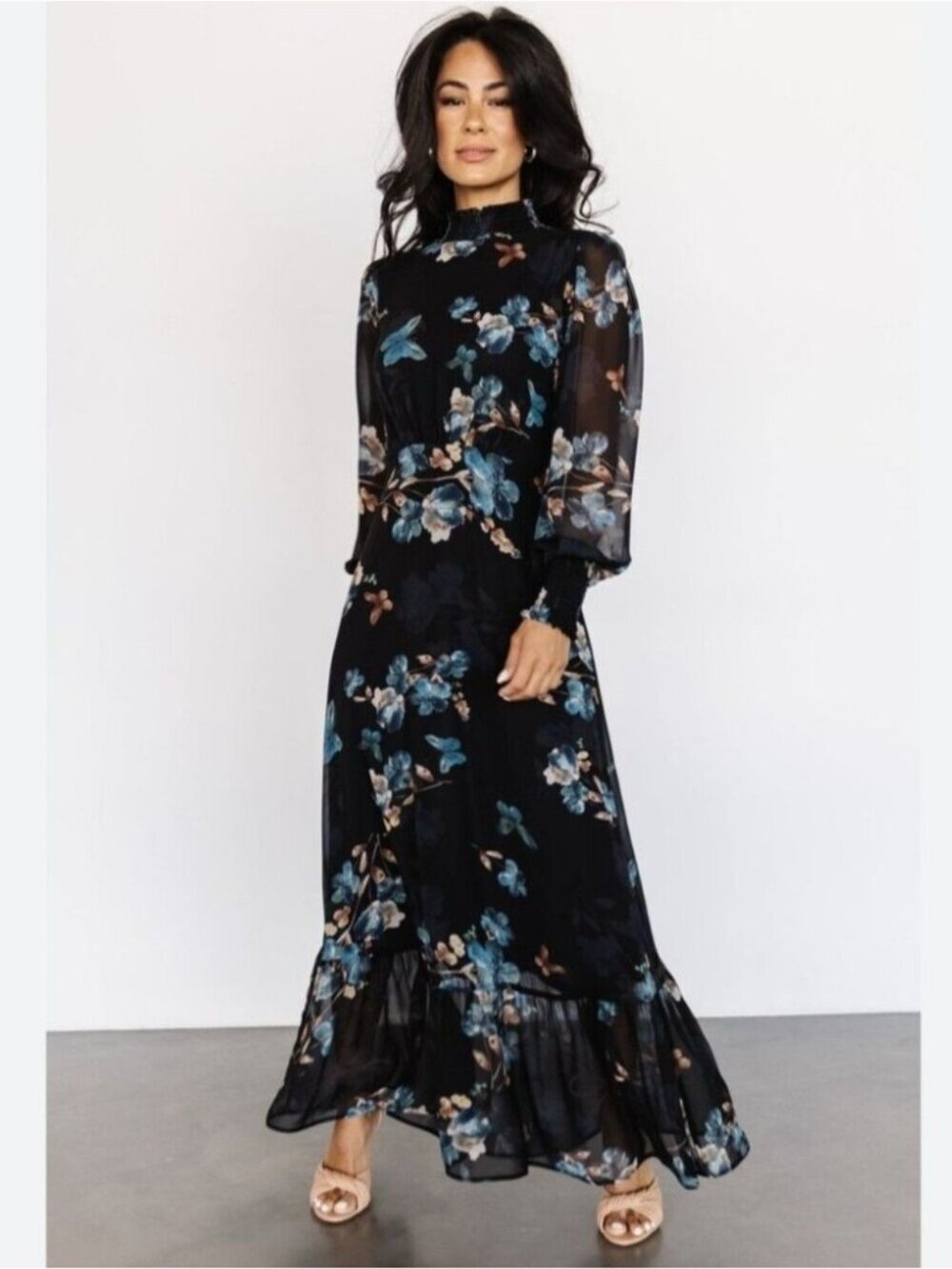 Baltic Born Luciana Black Floral Maxi Dress with Blue Bloom Print